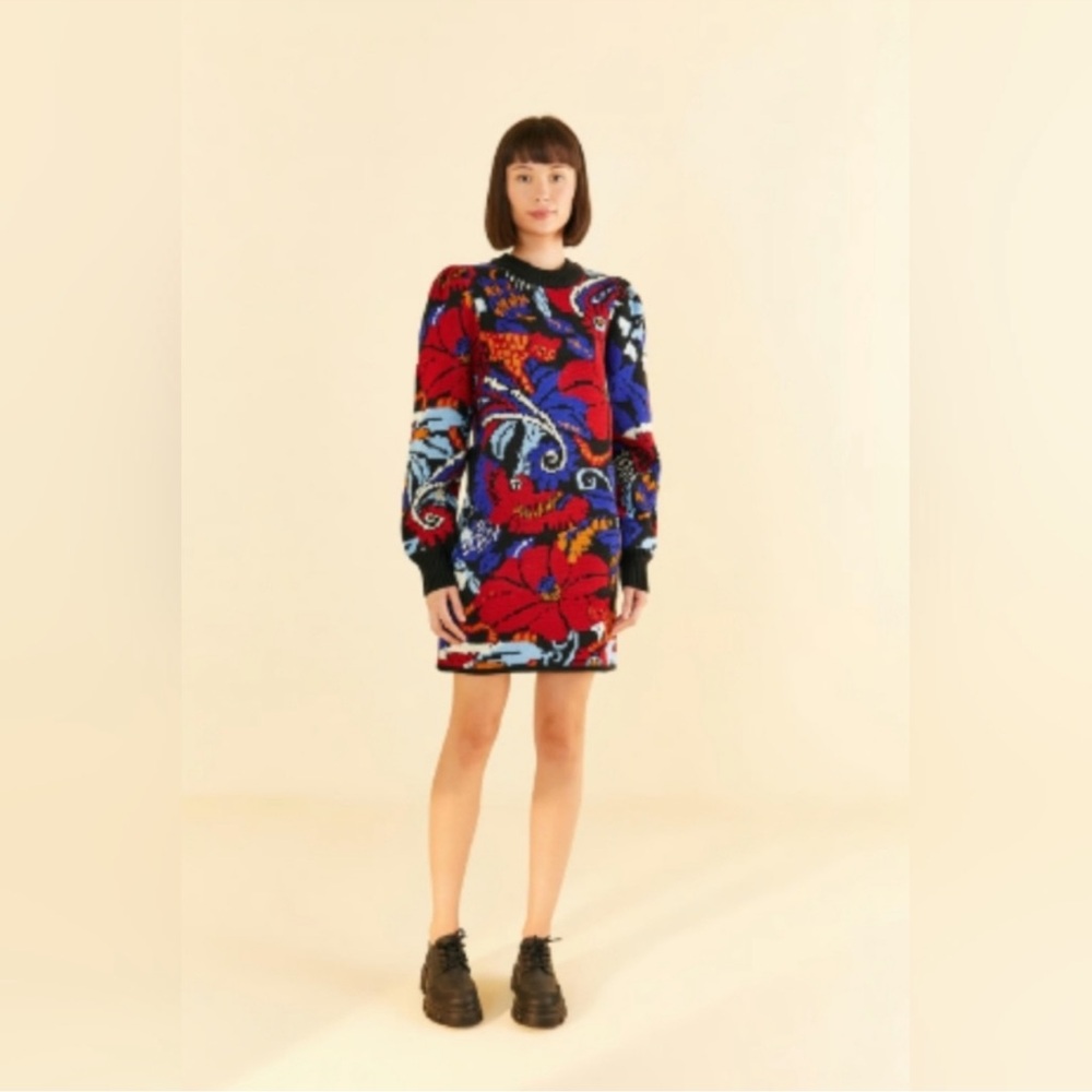 NWOT FARM Rio Vintage Forest Blue and Red Long Sleeve Dress - Sz M